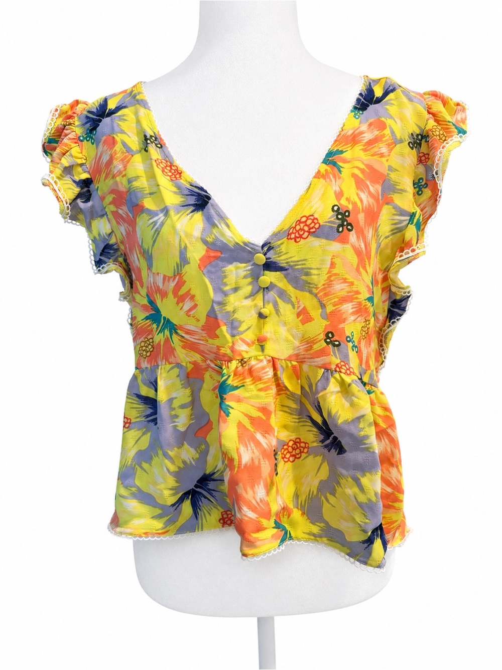 Jessica Simpson Yellow Floral V-Neck Peplum Top size S